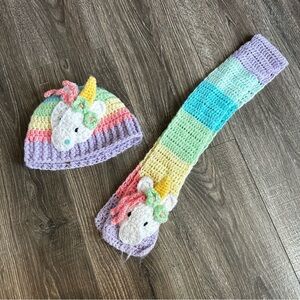 Rainbow unicorn knit beanie winter hat and scarf